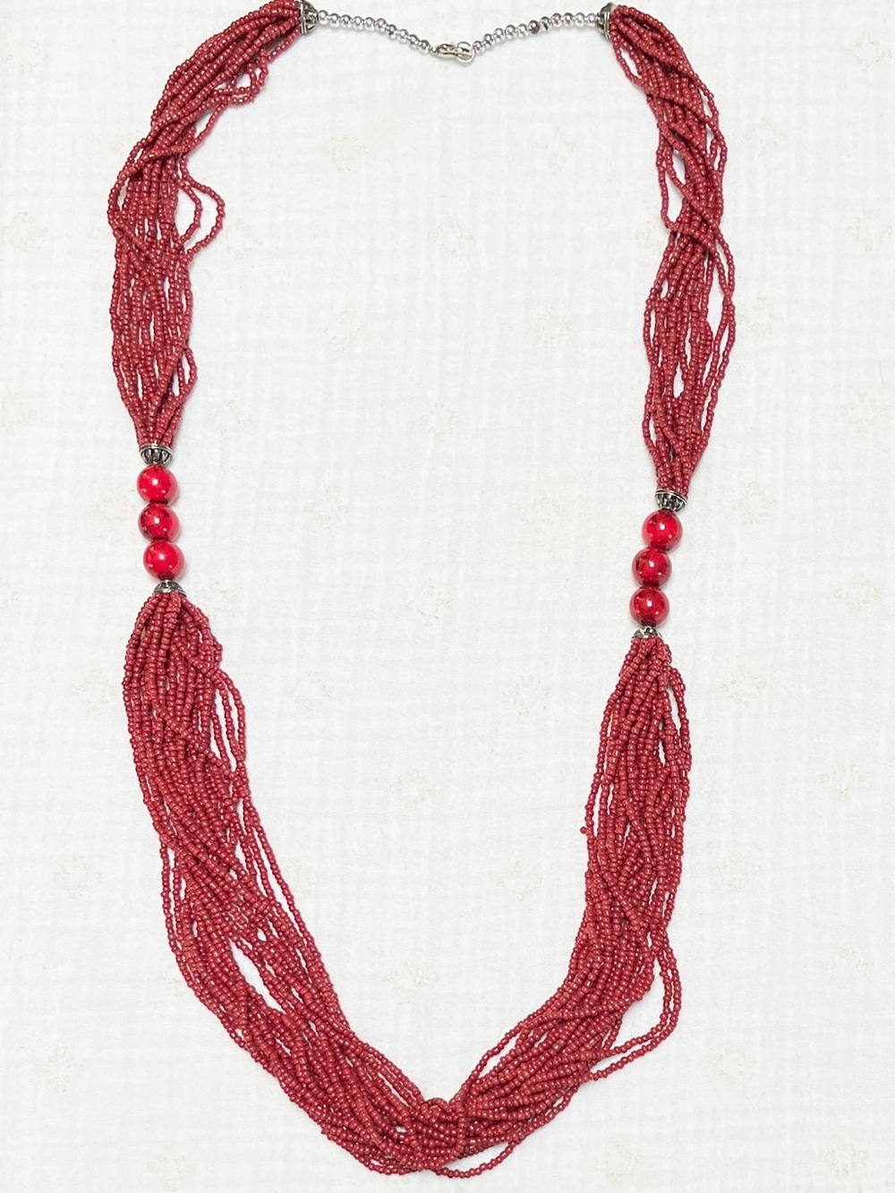 Long Red Multi Strand Beaded Opera Necklace 8mm Accent Beads OS